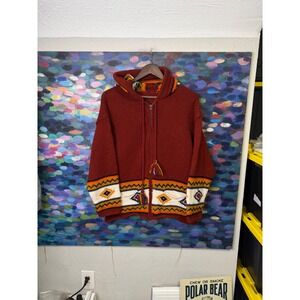 Vintage Hand Knit Wool Zip Up Hooded Cardigan Sweater multicolor Ecuador
